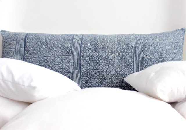"Vintage Hmong Hemp Pillow Hand Woven Indigo Batik - 14"" X 36" - image 1