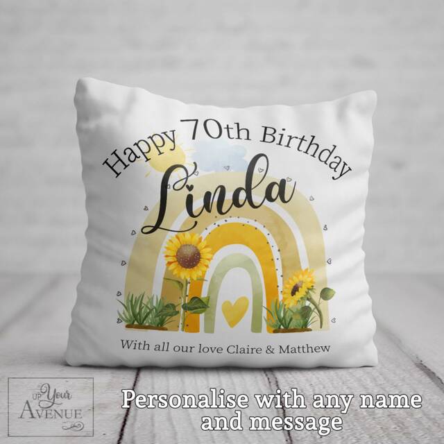 70Th Birthday Cushion Mum Birthday Gift Women Personalised 70 Year Old Sunflowers Pillow Her Granny Nan Nana Friend Wife Sister Present - image 1