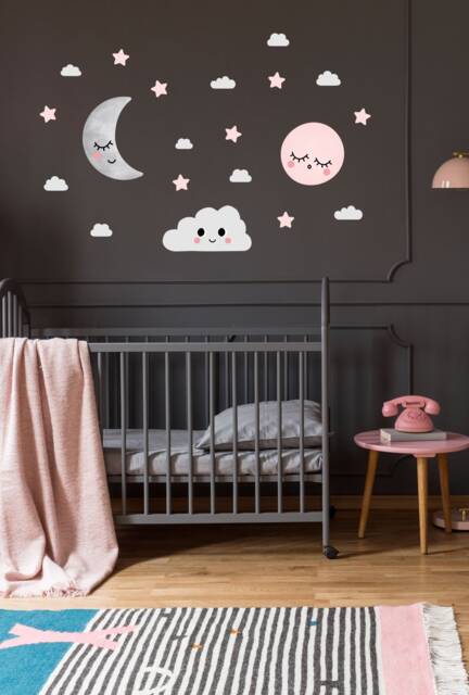 Pink Moon, Stars & Clouds Wall Decals Kids Nursery Decor - image 1