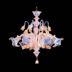 Murano Chandelier Renier 6 Lights Opaline & 24K Gold Italian Lighting