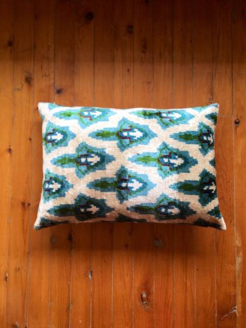 Green Velvet Ikat Pillow Cover Handwoven Silk Lumbar Cushion - image 1