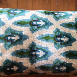 Green Velvet Ikat Pillow Cover Handwoven Silk Lumbar Cushion - thumbnail 2