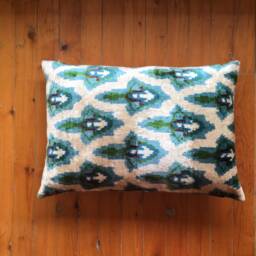 Green Velvet Ikat Pillow Cover Handwoven Silk Lumbar Cushion - thumbnail 4