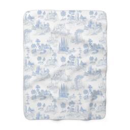 Toile De Jouy Fleece Lined Blanket - Light Blue & White Vintage Floral Pattern Throw Bedspread Comforter Decorative Home Accessory