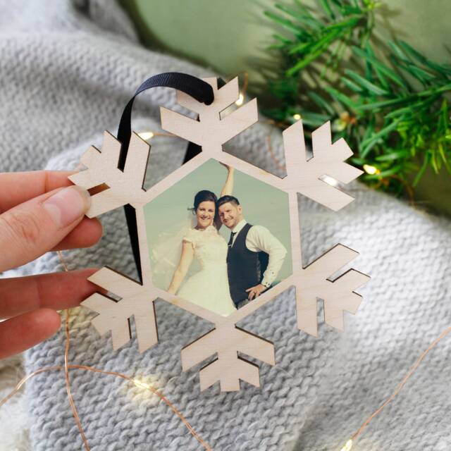 Mr & Mrs Photograph Christmas Snowflake Hanging Decoration - Wedding Photo Bauble First - image 1
