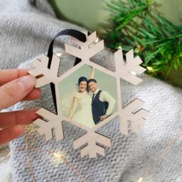Mr & Mrs Photograph Christmas Snowflake Hanging Decoration - Wedding Photo Bauble First - thumbnail 1