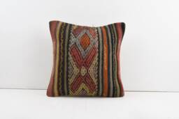 Vintage Turkish Kilim Pillow Cover Handwoven Wool Cushion - 16x16 - thumbnail 1