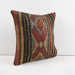 Vintage Turkish Kilim Pillow Cover Handwoven Wool Cushion - 16x16 - thumbnail 2
