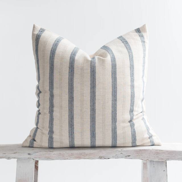 Blue Striped Linen Cotton Throw Pillow Cover, Rustic Farmhouse Cushion - image 1