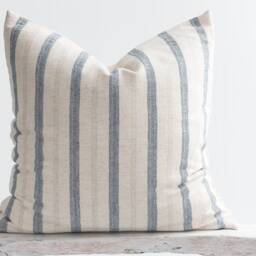 Blue Striped Linen Cotton Throw Pillow Cover, Rustic Farmhouse Cushion - thumbnail 2