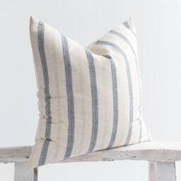Blue Striped Linen Cotton Throw Pillow Cover, Rustic Farmhouse Cushion - thumbnail 3