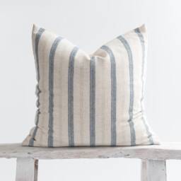 Blue Striped Linen Cotton Throw Pillow Cover, Rustic Farmhouse Cushion