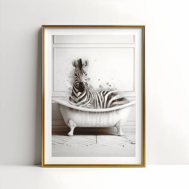 Zebra Bathroom Print - Animal Bathtub Poster - Bath Room Wall Art Vintage Watercolour Kids Animals Artwork - image 1