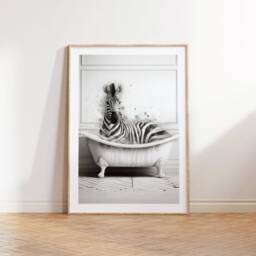 Zebra Bathroom Print - Animal Bathtub Poster - Bath Room Wall Art Vintage Watercolour Kids Animals Artwork - thumbnail 2