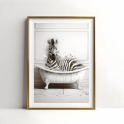 Zebra Bathroom Print - Animal Bathtub Poster - Bath Room Wall Art Vintage Watercolour Kids Animals Artwork - thumbnail 1