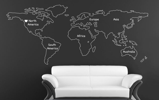 Outlined World Map Decal With Continents Vinyl Wall Sticker Decals Home Decor Wall Stick On Art By - Map Sd 090 - image 1