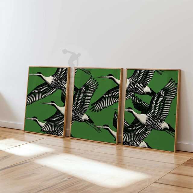 Cranes Wall Art Set Of 3 - Green & Black Bird Prints Modern Minimalist Animal Artwork Elegant Nature Decor For Home Or Office - image 1