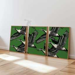 Cranes Wall Art Set Of 3 - Green & Black Bird Prints Modern Minimalist Animal Artwork Elegant Nature Decor For Home Or Office - thumbnail 1