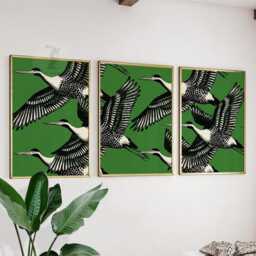 Cranes Wall Art Set Of 3 - Green & Black Bird Prints Modern Minimalist Animal Artwork Elegant Nature Decor For Home Or Office - thumbnail 2