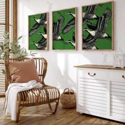 Cranes Wall Art Set Of 3 - Green & Black Bird Prints Modern Minimalist Animal Artwork Elegant Nature Decor For Home Or Office - thumbnail 3