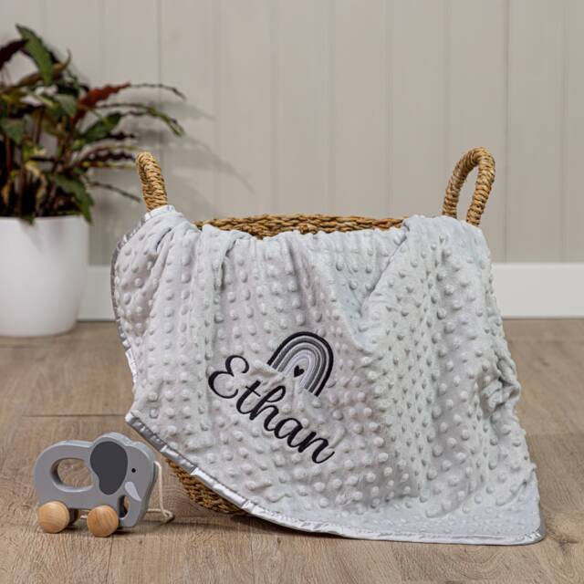 Personalised Baby Rainbow Swaddle Wrap, Blue Pink Grey White Or Coffee, Boy Girl, Custom Embroidered - image 1
