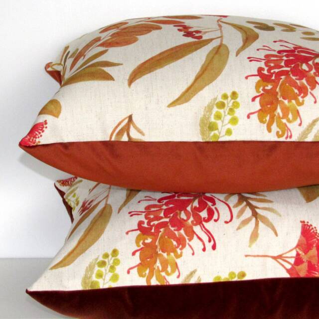 Made To Order Bush Flowers Linen/Cotton Cushion Cover With Copper Velvet Reverse, Australian Botanical - image 1