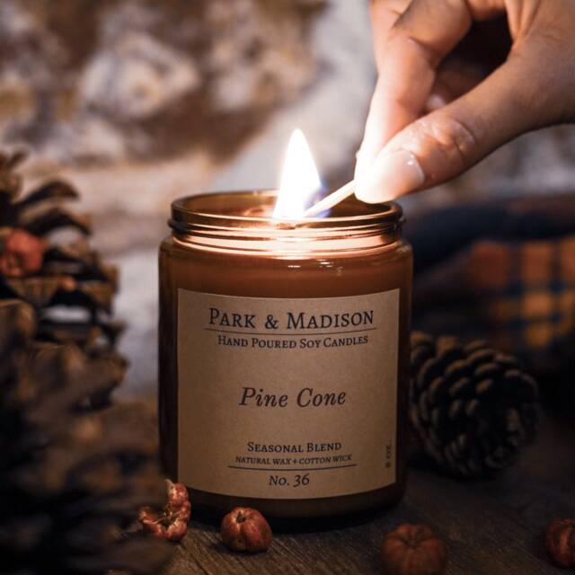 Pine Cone Soy Candle - Woodsy Scented Amber Jar - image 1