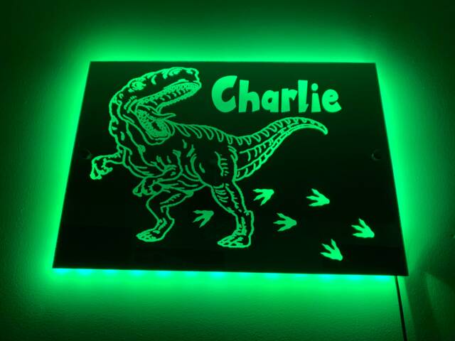 Dinosaur Light Up Mirror Personalised Engraved Acrylic Wall Led Sign. T-Rex, Bedroom, Nursery, Playroom, Name, Boys, Girls Gift, Green - image 1