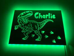 Dinosaur Light Up Mirror Personalised Engraved Acrylic Wall Led Sign. T-Rex, Bedroom, Nursery, Playroom, Name, Boys, Girls Gift, Green - thumbnail 1