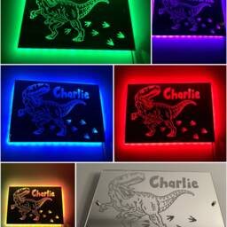Dinosaur Light Up Mirror Personalised Engraved Acrylic Wall Led Sign. T-Rex, Bedroom, Nursery, Playroom, Name, Boys, Girls Gift, Green - thumbnail 2