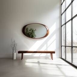 Walnut Wood Asymmetrical Mirror Modern Home Decor, Irregular, Living Room, Bathroom, Vanity Mirror - thumbnail 3