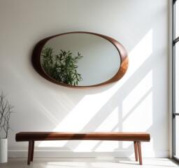 Walnut Wood Asymmetrical Mirror Modern Home Decor, Irregular, Living Room, Bathroom, Vanity Mirror