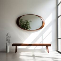 Walnut Wood Asymmetrical Mirror Modern Home Decor, Irregular, Living Room, Bathroom, Vanity Mirror - thumbnail 2