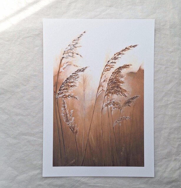 Natural Wheat Grass Print Beige Brown Landscape Art Painting - image 1