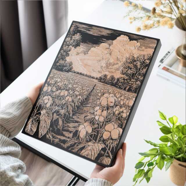 Cotton Field Wall Art - Farmland Inspired Engraved Wood Lithograph Illustration, Large Art, Country Living Alabama Scene Painting - image 1