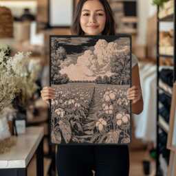 Cotton Field Wall Art - Farmland Inspired Engraved Wood Lithograph Illustration, Large Art, Country Living Alabama Scene Painting - thumbnail 3