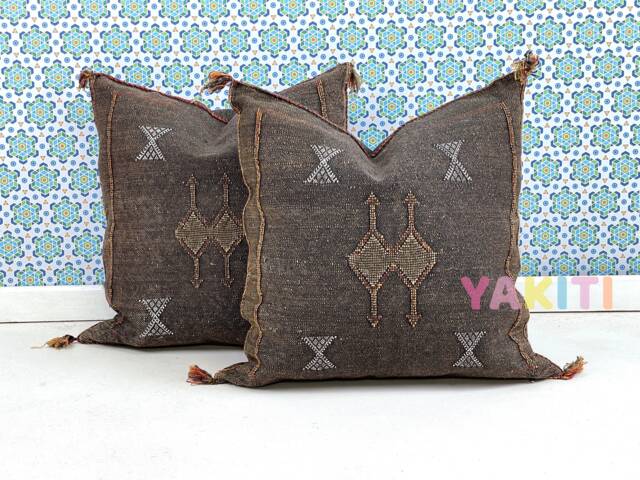 Yakiti-Brown Square Moroccan Pillows 20x20, Aka Cactus Silk Pillow, Decorative Pillows, Sabra Pillows, Decor Designer Cactus Silk - image 1