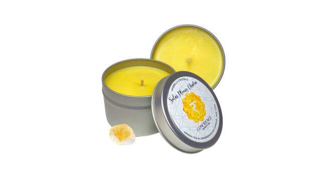 Solar Plexus Chakra Candle Tin Green Tea & Lemongrass Scent, Citrine Crystal - image 1