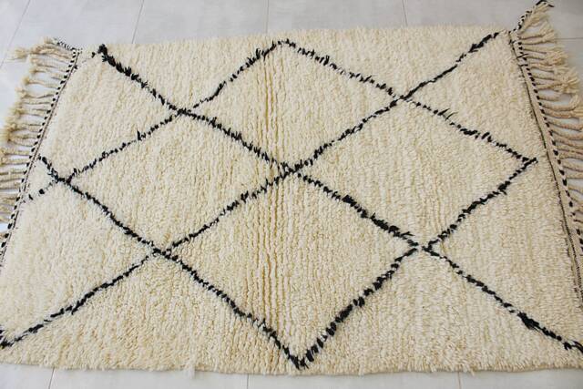 Genuine Moroccan Rug, Cream With Black Diamond Patterns - Berber Rug -Hand-Knotted Carpet Woven Wool Bohemian - image 1