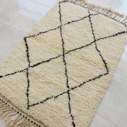 Genuine Moroccan Rug, Cream With Black Diamond Patterns - Berber Rug -Hand-Knotted Carpet Woven Wool Bohemian - thumbnail 4