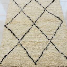 Genuine Moroccan Rug, Cream With Black Diamond Patterns - Berber Rug -Hand-Knotted Carpet Woven Wool Bohemian - thumbnail 2