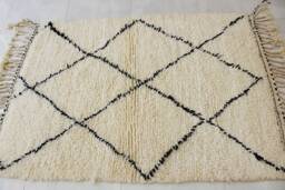 Genuine Moroccan Rug, Cream With Black Diamond Patterns - Berber Rug -Hand-Knotted Carpet Woven Wool Bohemian - thumbnail 1