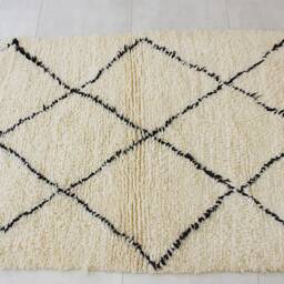 Genuine Moroccan Rug, Cream With Black Diamond Patterns - Berber Rug -Hand-Knotted Carpet Woven Wool Bohemian - thumbnail 3