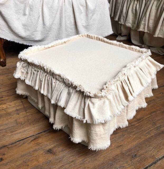 Slip Cover, Cushion, Custom Size, Ottoman Chair Foot Stool Bench, Ruffles, Beige Linen, White Ivory Canvas, French Country Rustic Farmhouse - image 1