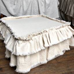 Slip Cover, Cushion, Custom Size, Ottoman Chair Foot Stool Bench, Ruffles, Beige Linen, White Ivory Canvas, French Country Rustic Farmhouse - thumbnail 3