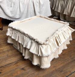 Slip Cover, Cushion, Custom Size, Ottoman Chair Foot Stool Bench, Ruffles, Beige Linen, White Ivory Canvas, French Country Rustic Farmhouse