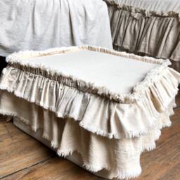 Slip Cover, Cushion, Custom Size, Ottoman Chair Foot Stool Bench, Ruffles, Beige Linen, White Ivory Canvas, French Country Rustic Farmhouse - thumbnail 2