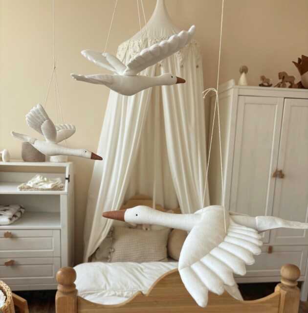 Set Of Three Linen White Hanging Storks , Baby Nursery Decor Interior Decoration, Bird Shower Gift