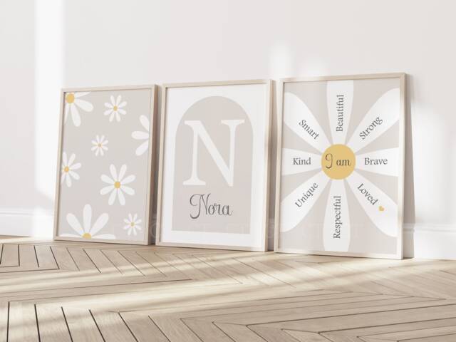 Girls Personalised Daisy Flower Prints A4 Or A3 Nursery Set Of Unframed Pink Grey Flowers Floral Ditsy Affirmation Quote - image 1