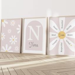 Girls Personalised Daisy Flower Prints A4 Or A3 Nursery Set Of Unframed Pink Grey Flowers Floral Ditsy Affirmation Quote - thumbnail 2